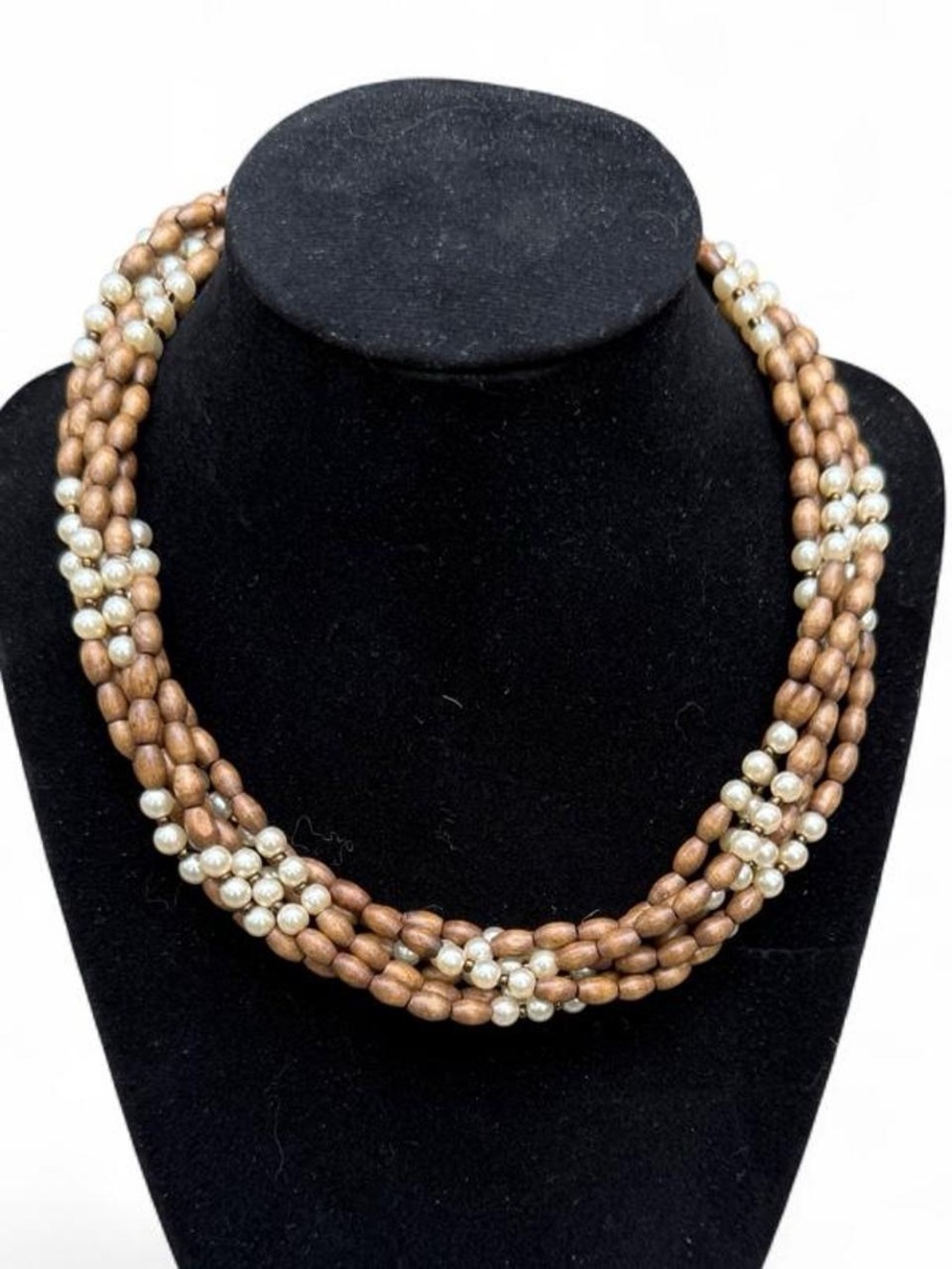 Napier Multi Strand Wood Bead Faux Pearl Statement Necklace